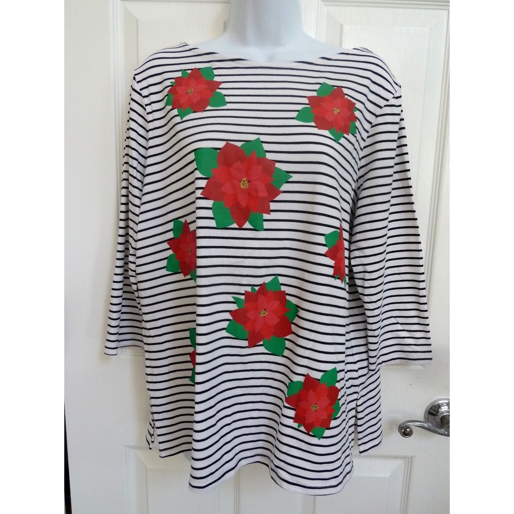 RUBY RD. Sz Large 14/16 Striped 3/4 Sleeve Tee Pointsettias Holiday Winter